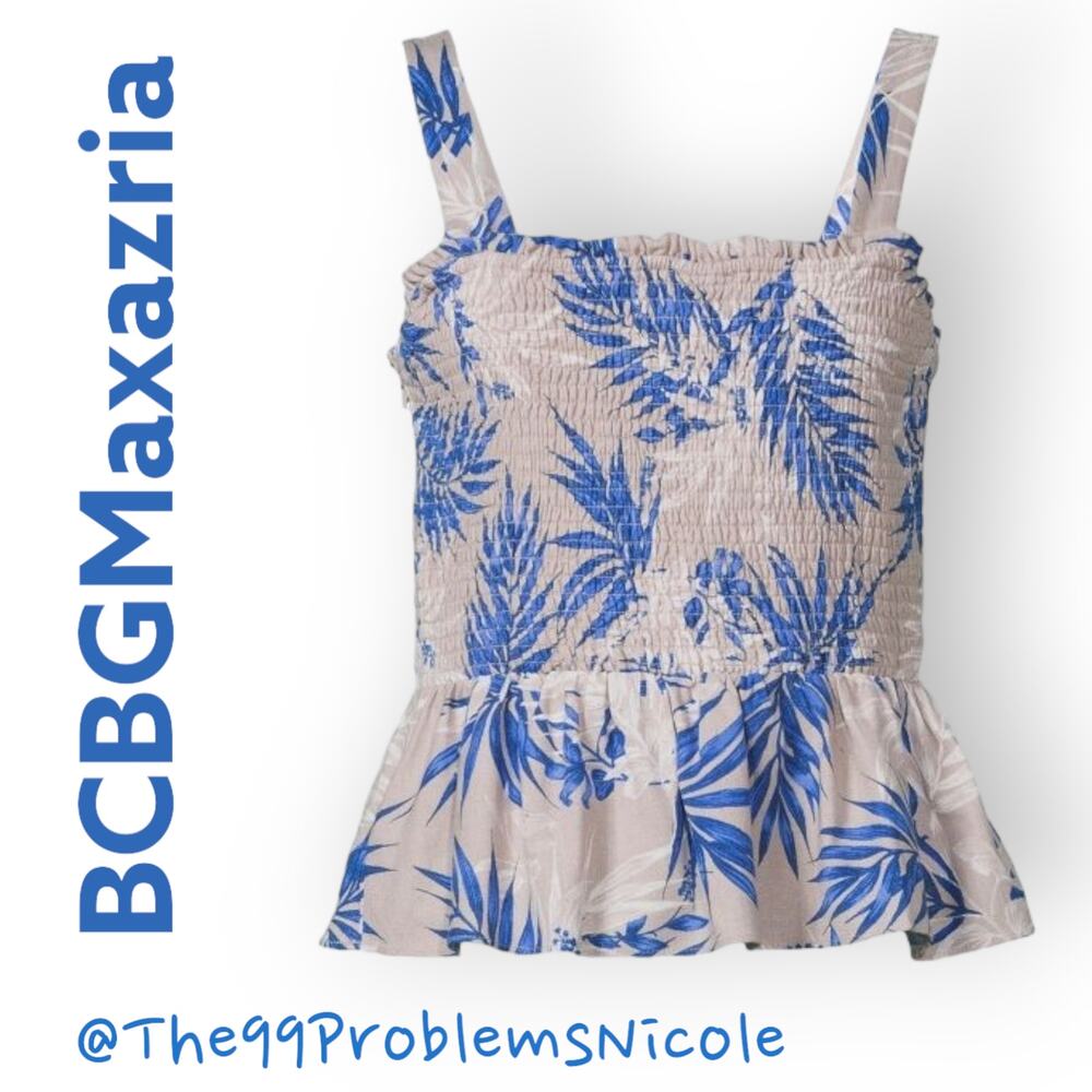 BCBGMaxAzria linen blend palm print shirred peplum tank top